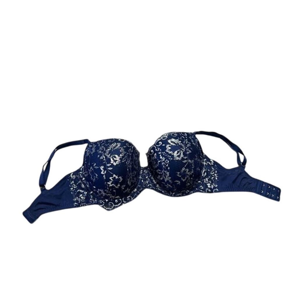 Victoria's Secret Lightly Lined Shimmer Lace Demi Bra Lingerie Navy Blue 32DDD